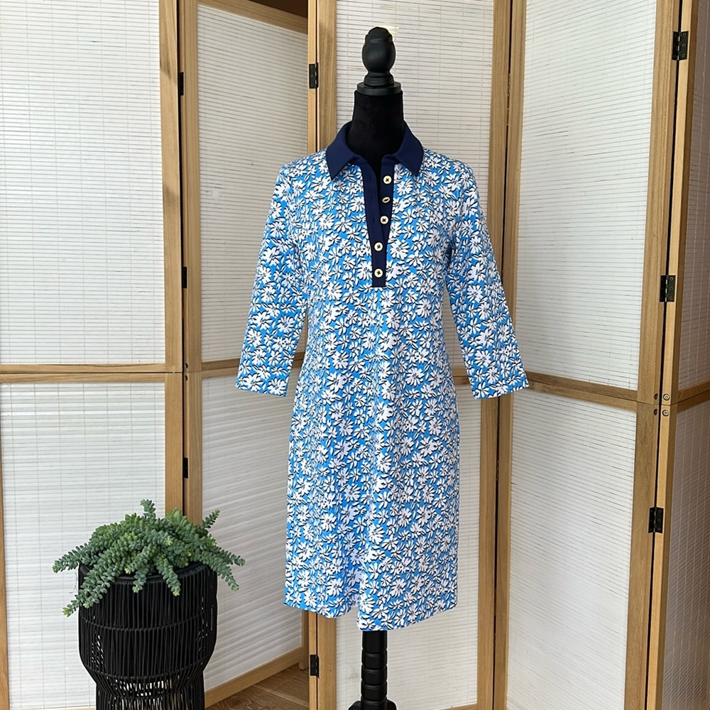 Lilly Pulitzer Blue and White Button Down Ainslee 3/4 Sleeve Dress